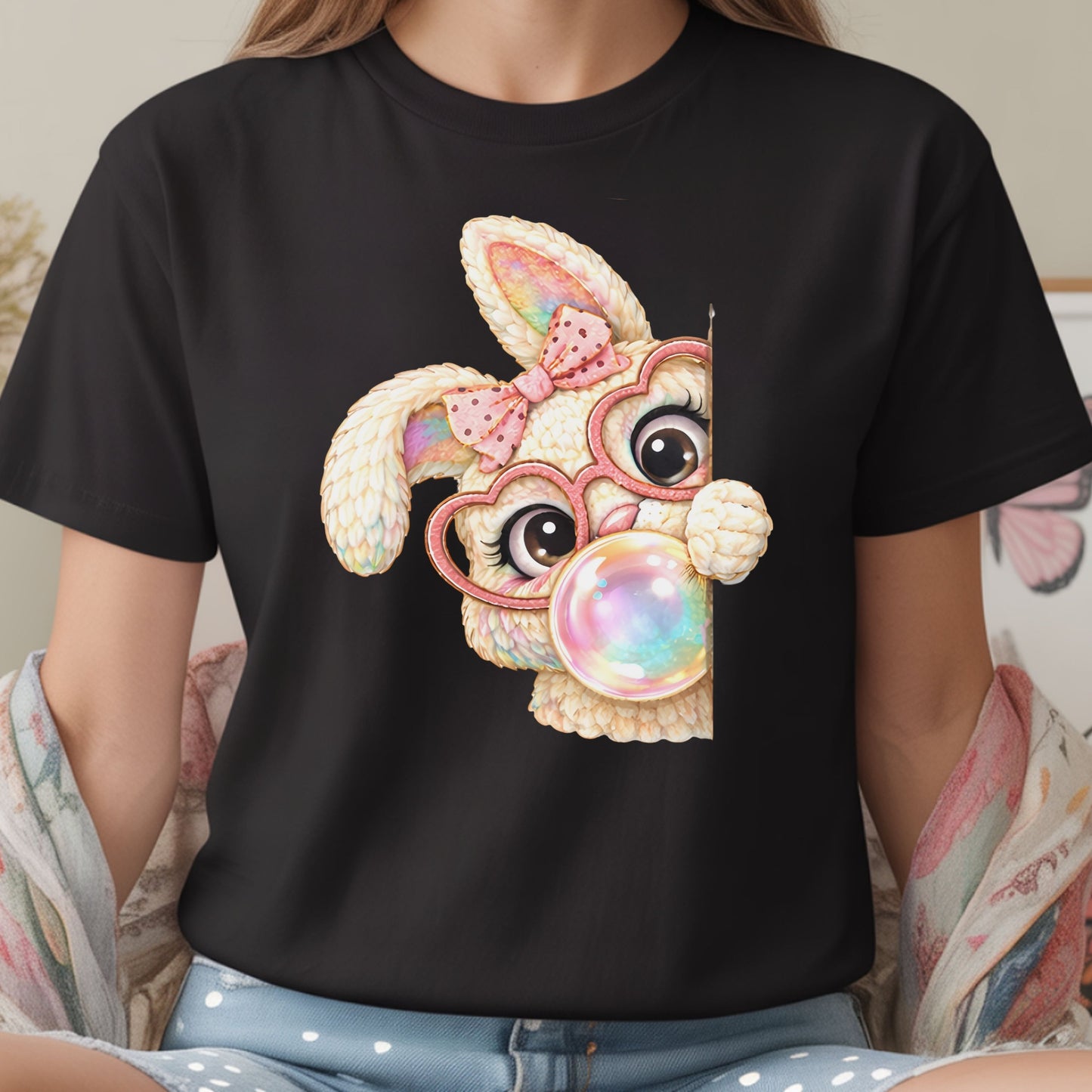 Cute Bubblegum Bunny Shirt, Peekaboo Easter Bunny Tee, Pastel Kawaii Rabbit Graphic T-Shirt, Coquette Spring Outfit, Funny Easter Shirt for Women