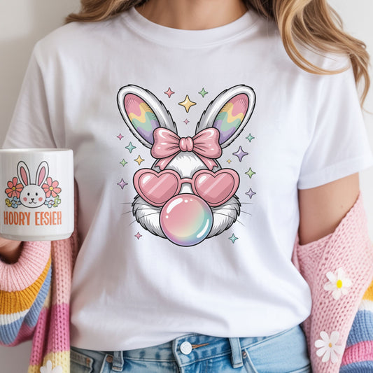 Cute Easter Bunny Bubblegum Shirt, Pastel Coquette Bunny Tee, Heart Glasses Rabbit T-Shirt, Kawaii Spring Graphic Tee, Easter Outfit for Women