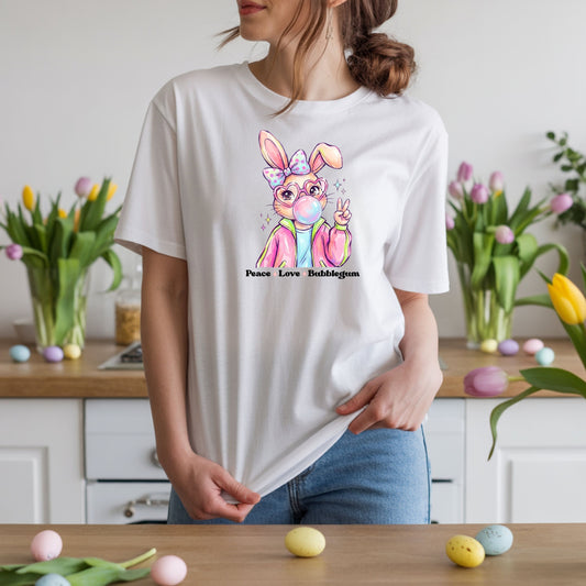 Peace Love Bubblegum Bunny Shirt, Cute Easter Bunny Tee, Kawaii Rabbit Graphic T-Shirt, Pastel Spring Outfit, Coquette Bunny Easter Shirt for Women