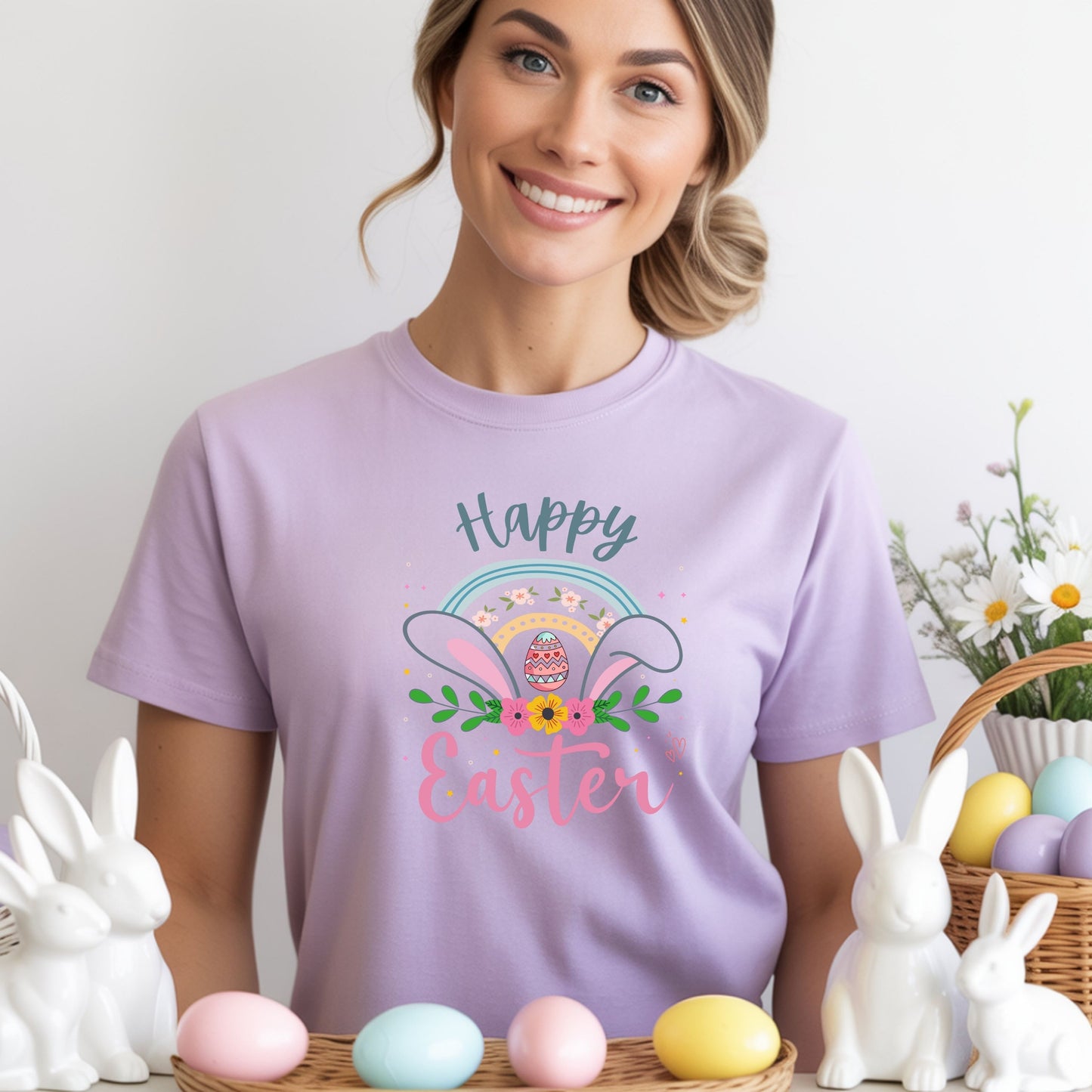 Happy Easter Shirt, Pastel Easter Bunny Ears Tee, Cute Spring Graphic T-Shirt, Easter Egg Floral Shirt, Women’s Easter Outfit, Bunny Lover Gift