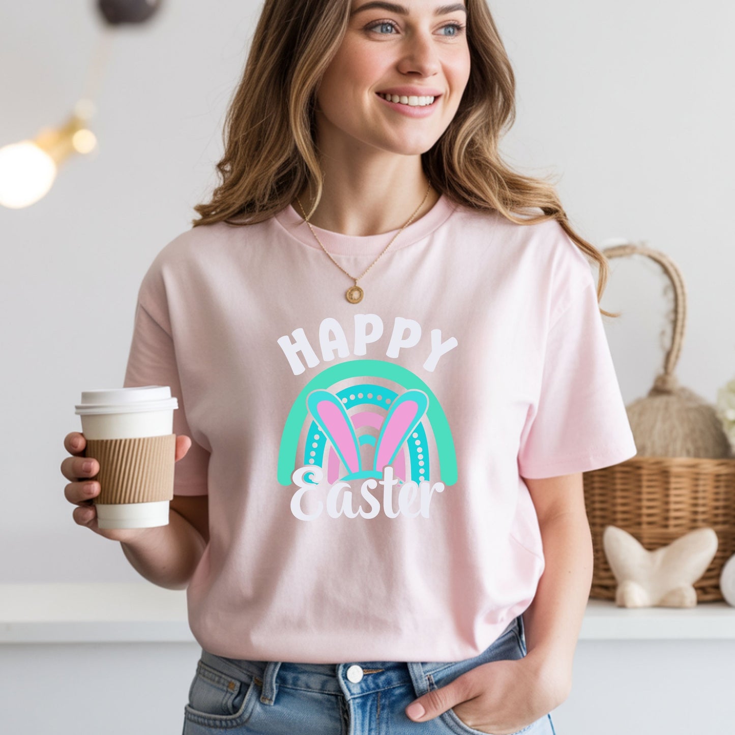 Happy Easter Bunny Shirt, Pastel Easter Rainbow Tee, Cute Spring Graphic T-Shirt, Bunny Ears Easter Outfit, Women’s Easter Shirt, Soft Pastel Holiday Tee