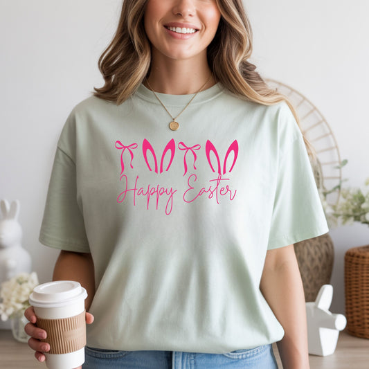 Happy Easter Bunny Ears Shirt, Minimalist Easter Shirt for Women, Cute Spring Graphic Tee, Pink Bunny Ear Easter Outfit, Pastel Holiday T-Shirt