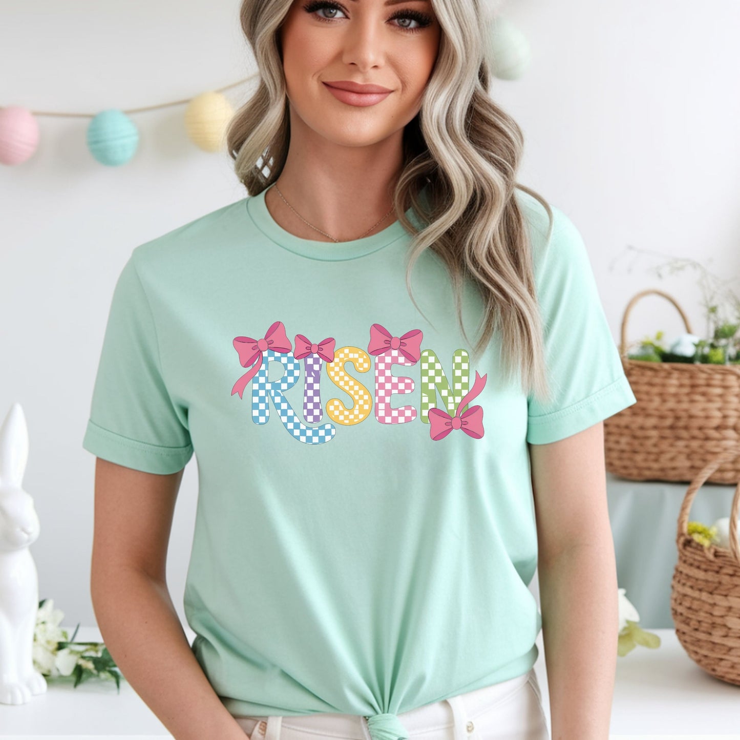 Risen Easter Shirt, Christian Easter Bunny Bow Tee, Faith Based Easter Shirt, Pastel Coquette Spring Graphic T-Shirt, Religious Easter Outfit for Women