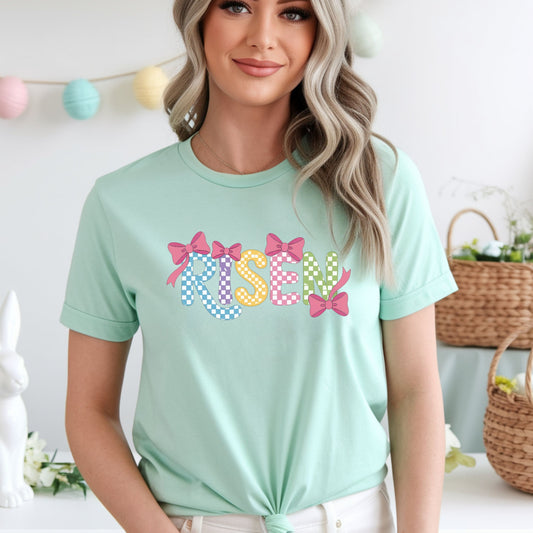 Risen Easter Shirt, Christian Easter Bunny Bow Tee, Faith Based Easter Shirt, Pastel Coquette Spring Graphic T-Shirt, Religious Easter Outfit for Women