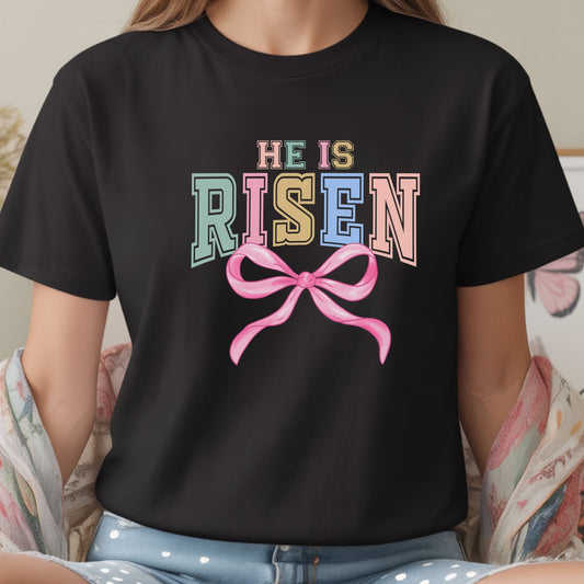 He Is Risen Easter Shirt, Christian Easter Bow Tee, Faith Based Easter Shirt Women, Religious Easter Outfit, Coquette Pastel Christian Graphic T-Shirt