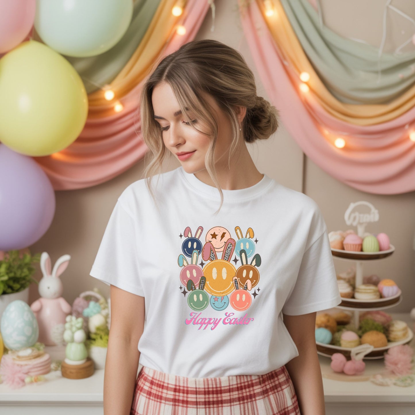 Happy Easter Smiley Face Shirt, Cute Bunny Smile Graphic Tee, Pastel Retro Easter Shirt Women, Spring Aesthetic Easter Outfit, Kawaii Bunny Graphic T-Shirt