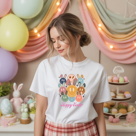 Happy Easter Smiley Face Shirt, Cute Bunny Smile Graphic Tee, Pastel Retro Easter Shirt Women, Spring Aesthetic Easter Outfit, Kawaii Bunny Graphic T-Shirt