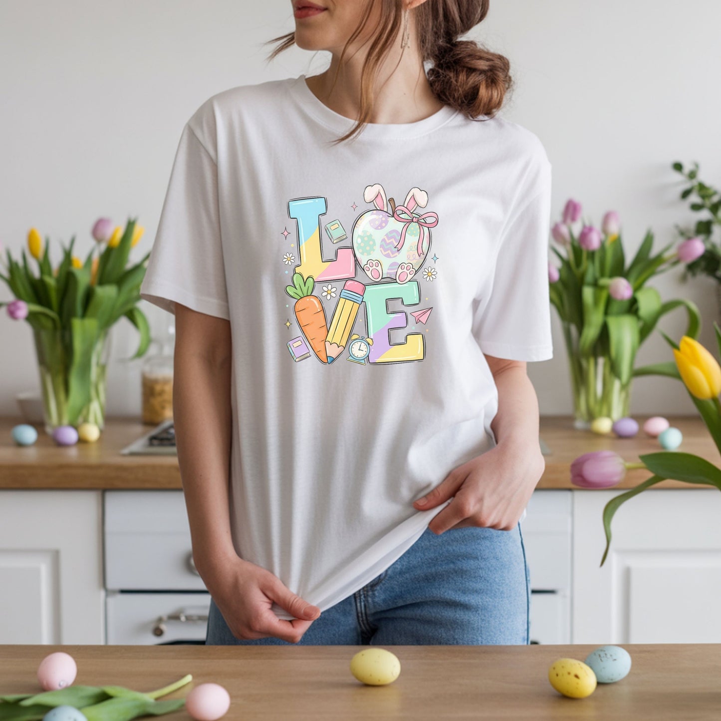 LOVE Easter Bunny Teacher Shirt, Cute Pastel Easter School Tee, Spring Teacher Graphic T-Shirt, Bunny Egg Classroom Shirt, Easter Teacher Gift