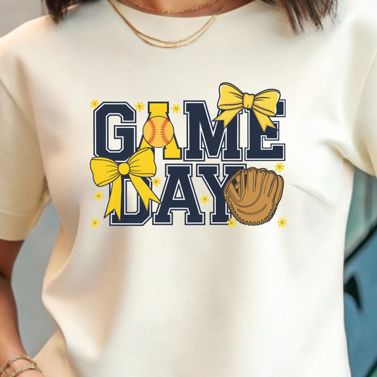 Game Day Softball Bow Shirt – Cute Baseball Mom Tee, Yellow Bow Sports Graphic T-Shirt, Women’s Game Day Outfit, Softball Fan Apparel