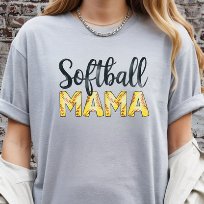Softball Mama Shirt – Cute Script Softball Mom Graphic Tee, Yellow Softball Lettering Sports Shirt, Game Day Mom Apparel