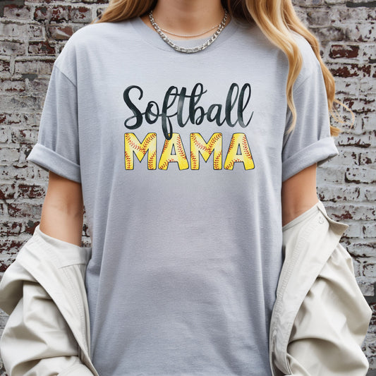 Softball Mama Shirt – Cute Script Softball Mom Graphic Tee, Yellow Softball Lettering Sports Shirt, Game Day Mom Apparel
