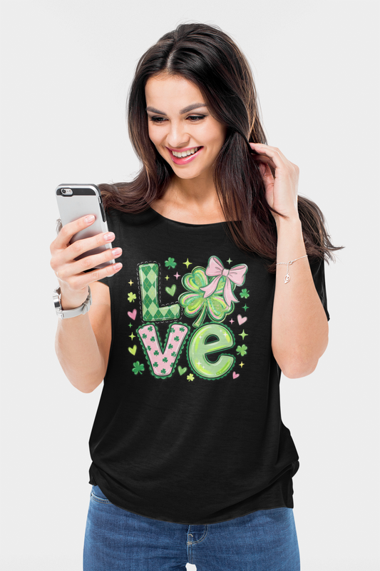 St. Patrick’s Day Love Shirt – Cute Shamrock Bow Graphic Tee, Pink & Green Clover Love Design, Lucky Irish Coquette Style Shirt