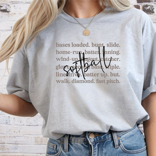 Softball Terms Shirt – Fast Pitch Softball Graphic Tee, Softball Words Typography Shirt, Game Day Softball Fan Apparel, Softball Lover Gift