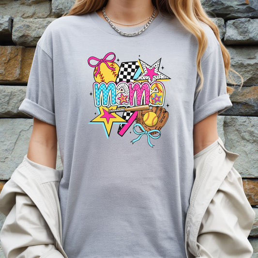Retro Softball Mama Shirt – Colorful Softball Mom Graphic Tee, Neon Game Day Shirt, Trendy Sports Mom Apparel, Softball Season Outfit