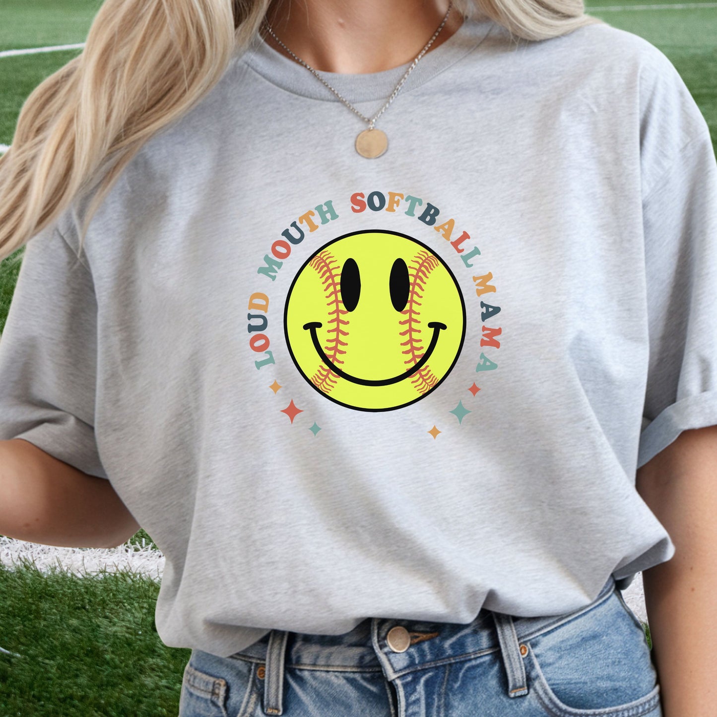 Loud Mouth Softball Mama Shirt – Retro Smiley Softball Graphic Tee, Funny Softball Mom Shirt, Vintage Game Day Apparel