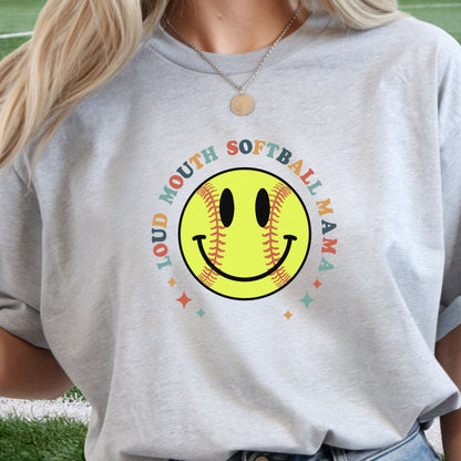 Loud Mouth Softball Mama Shirt – Retro Smiley Softball Graphic Tee, Funny Softball Mom Shirt, Vintage Game Day Apparel