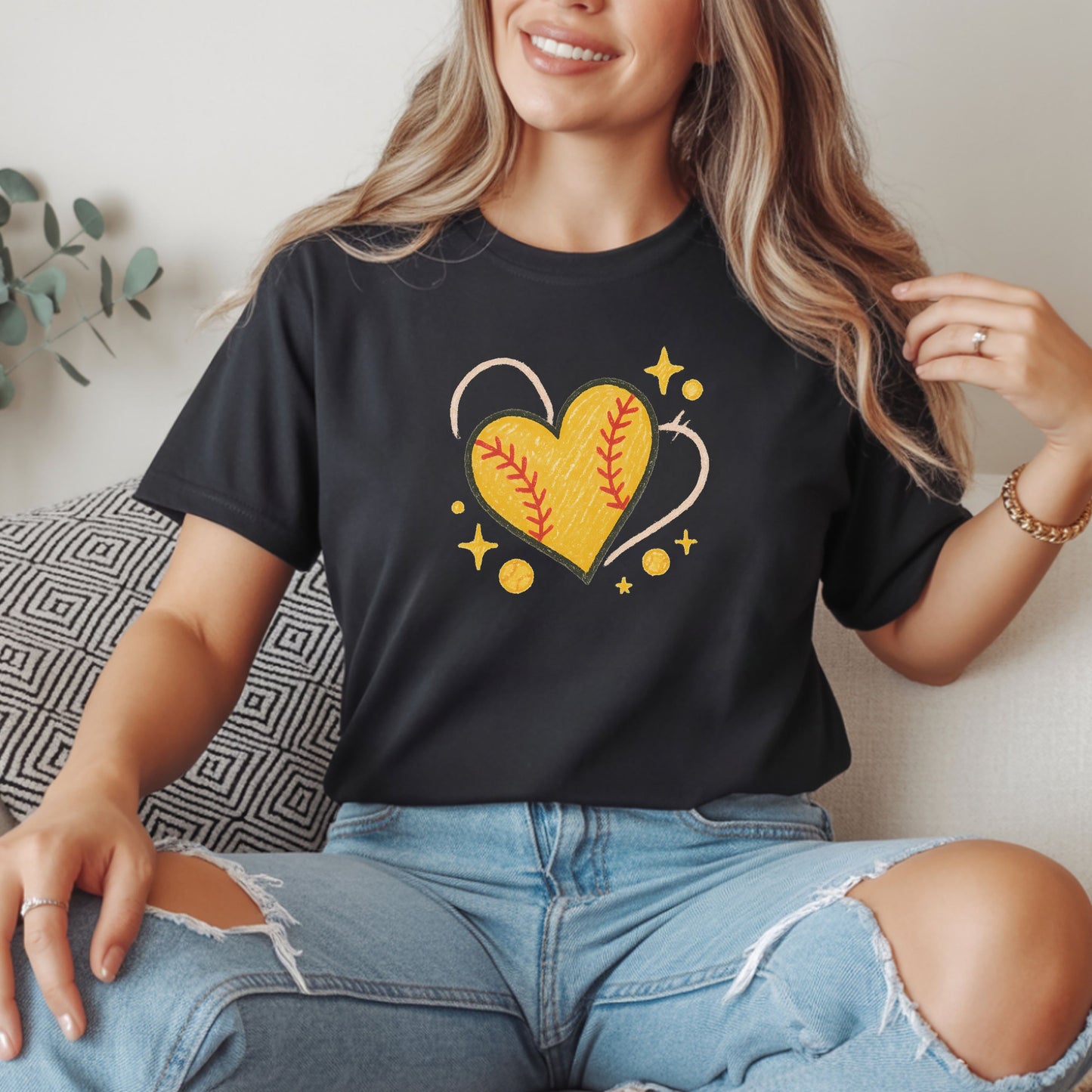 Softball Heart Shirt – Cute Softball Love Graphic Tee, Yellow Softball Heart Design, Softball Mom Gift, Fast Pitch Softball Apparel