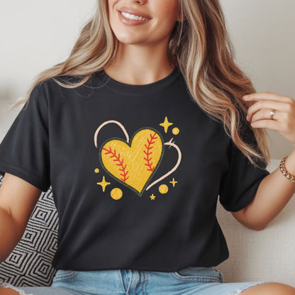 Softball Heart Shirt – Cute Softball Love Graphic Tee, Yellow Softball Heart Design, Softball Mom Gift, Fast Pitch Softball Apparel