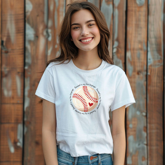 Baseball Is My Love Language Shirt, Cute Baseball Mom Tee, Baseball Lover Graphic T-Shirt, Game Day Outfit, Softball Mom Gift, Women’s Sports Fan Shirt