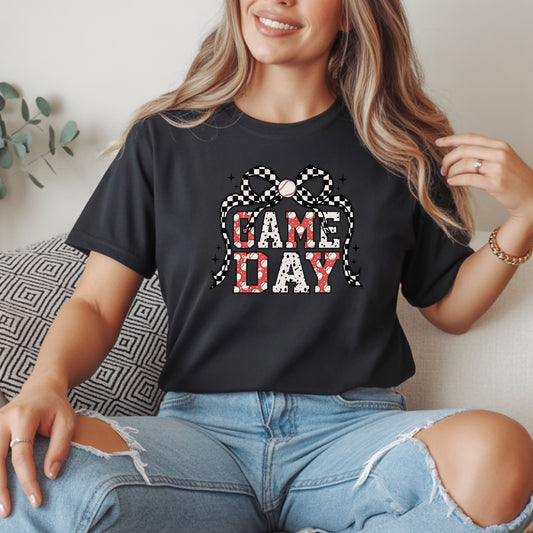 Game Day Baseball Mom Shirt, Girly Bow Baseball Tee, Cute Sports Mom Graphic T Shirt, Coquette Game Day Outfit, Trendy Baseball Season Shirt, Softstyle Unisex Tee