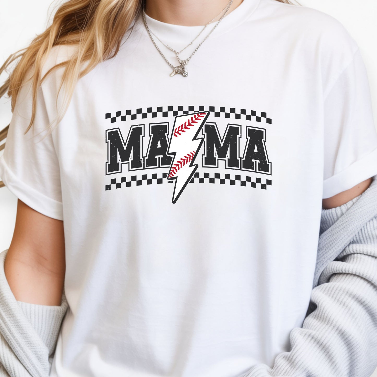 Baseball Mama Lightning Bolt Shirt – Trendy Game Day Sports Mom Tee | Vintage Checkered Baseball Mom Graphic T-Shirt