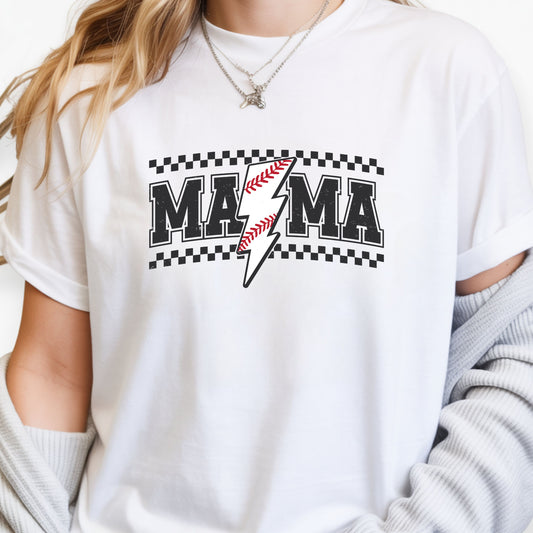 Baseball Mama Lightning Bolt Shirt – Trendy Game Day Sports Mom Tee | Vintage Checkered Baseball Mom Graphic T-Shirt