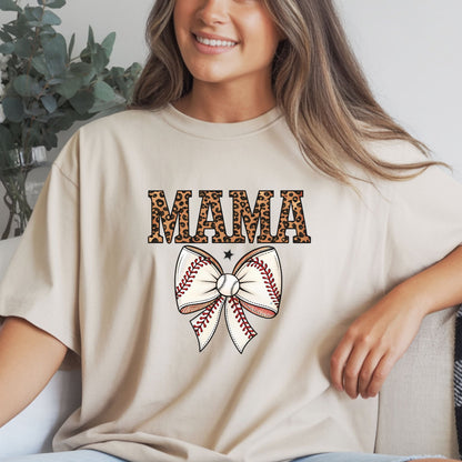 Leopard Baseball Mama Bow Shirt – Cute Coquette Style Sports Mom Tee | Trendy Game Day Baseball Mom Graphic T-Shirt