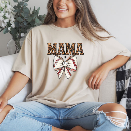 Leopard Baseball Mama Bow Shirt – Cute Coquette Style Sports Mom Tee | Trendy Game Day Baseball Mom Graphic T-Shirt