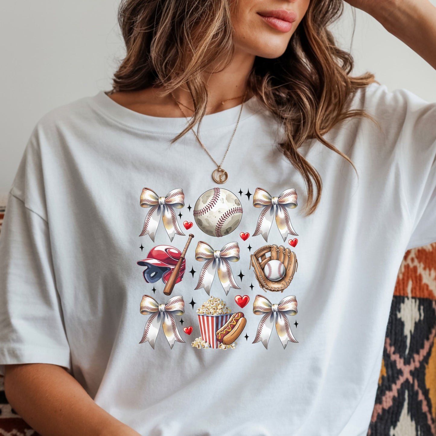 Baseball Mom Cute Gear T-Shirt — Helmet, Glove & Popcorn Sports Design