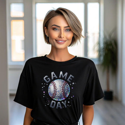 Game Day Baseball Sequin Graphic T-Shirt – Sparkle Baseball Tee for Women | Sports Mom Shirt | Glitter Game Day Outfit