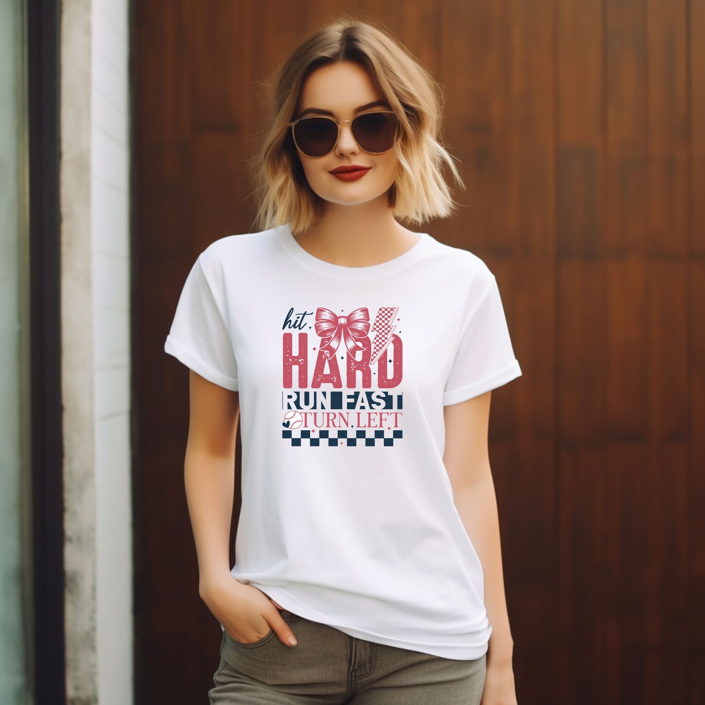 Hit Hard Run Fast Turn Left Baseball Shirt – Cute Softball Bow Tee | Game Day Shirt for Women | Sports Mom Graphic T-Shirt