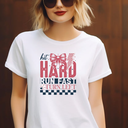 Hit Hard Run Fast Turn Left Baseball Shirt – Cute Softball Bow Tee | Game Day Shirt for Women | Sports Mom Graphic T-Shirt