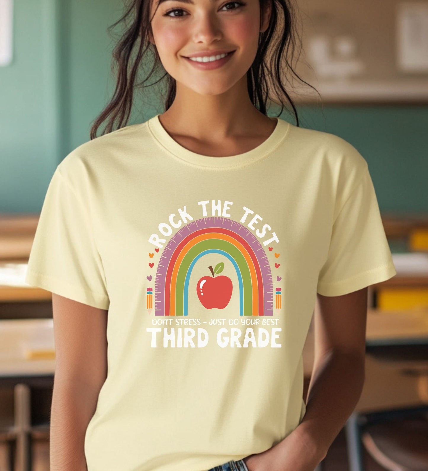 3rd Grade State Testing Teacher Shirt – “Rock The Test - Third Grade” Graphic Tee, Cute Educator T-Shirt, Funny Classroom Apparel
