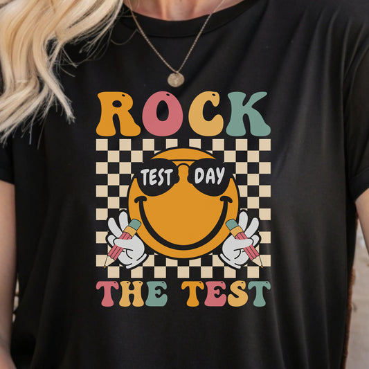 Rock The Test T-Shirt — Retro Smiley Motivation Tee for Students & Teachers
