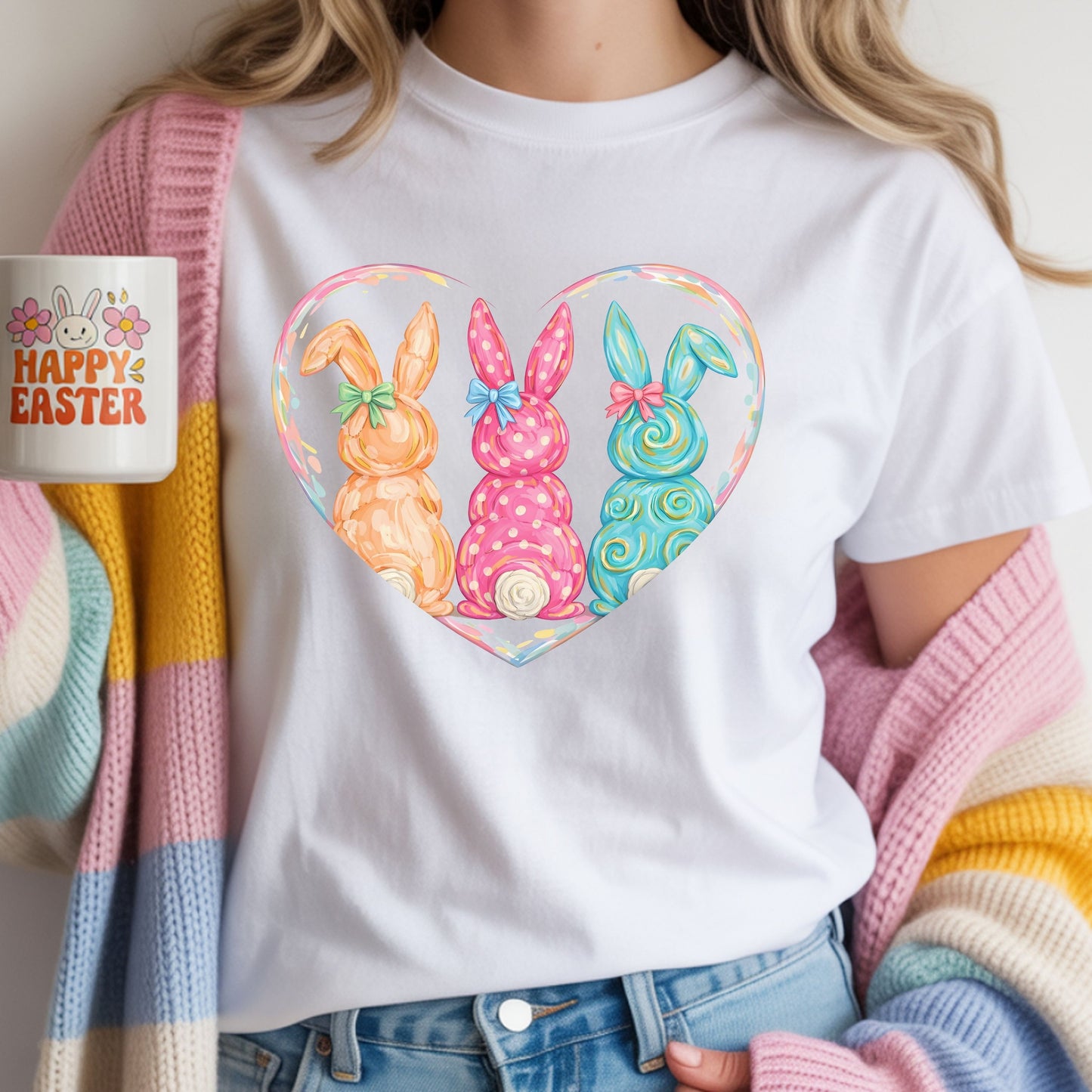 Pastel Easter Bunny Heart Tee – Cute Spring Graphic T-Shirt, Trendy Bunny Lover Shirt, Colorful Easter Outfit Top