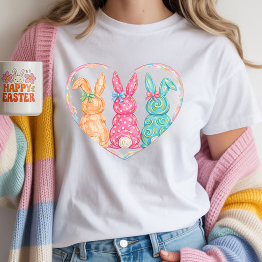 Pastel Easter Bunny Heart Tee – Cute Spring Graphic T-Shirt, Trendy Bunny Lover Shirt, Colorful Easter Outfit Top