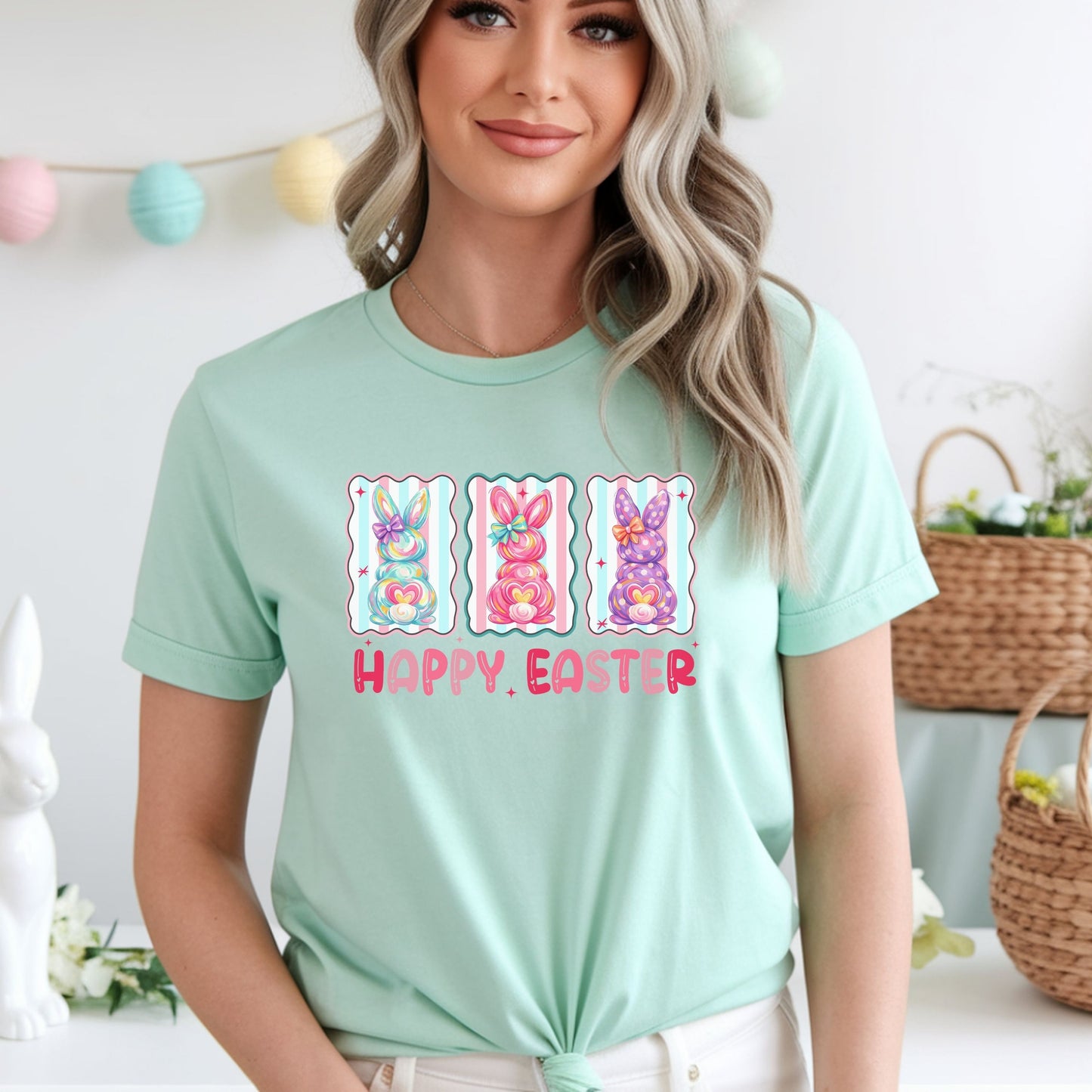 Happy Easter Bunny Graphic Tee – Pastel Spring Shirt, Cute Easter Outfit, Trendy Bunny Lover T-Shirt