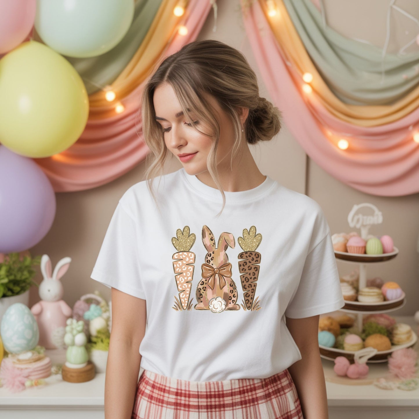 Leopard Bunny & Carrot Easter Tee – Cute Spring Graphic T-Shirt, Trendy Pastel Bunny Shirt, Easter Outfit Women