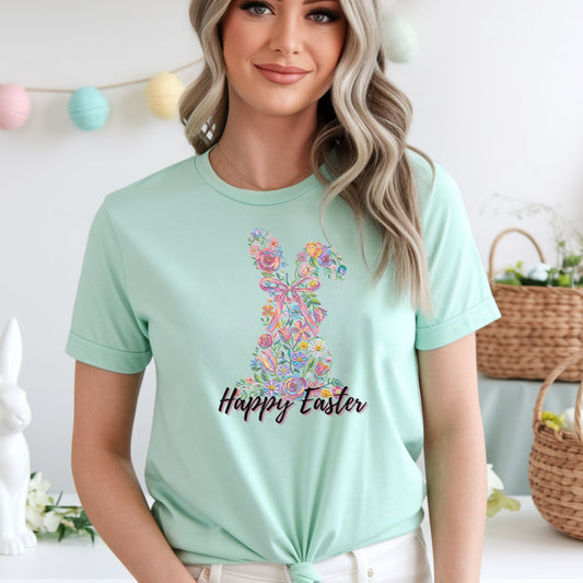 Happy Easter Floral Bunny T-Shirt – Pastel Spring Bunny Graphic Tee, Cute Easter Shirt, Cottagecore Floral Rabbit Shirt, Women’s Spring Holiday Top