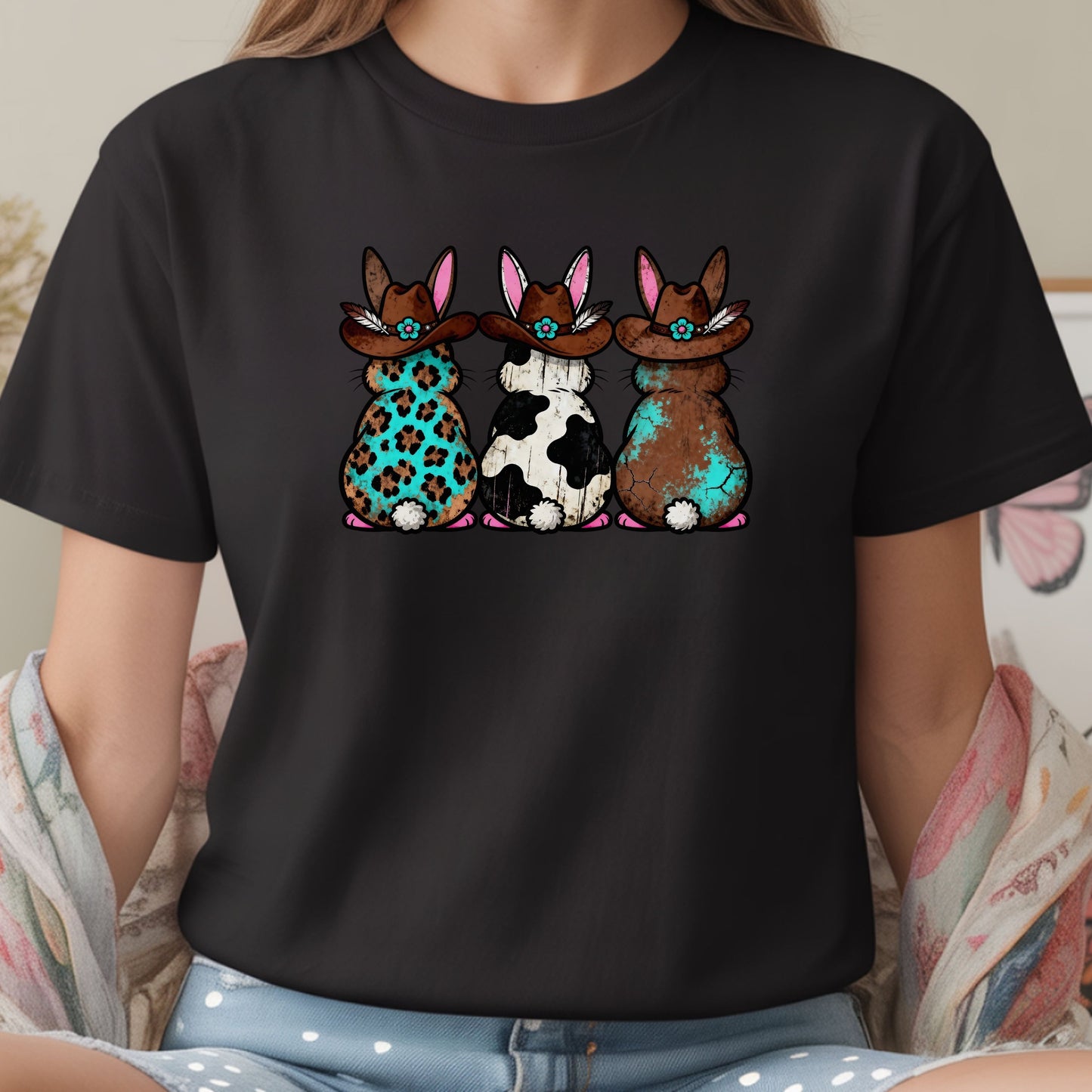 Western Easter Bunny T-Shirt – Cowgirl Bunny Graphic Tee, Rustic Cow Print & Leopard Bunny Shirt, Country Easter Shirt, Farmhouse Spring Tee