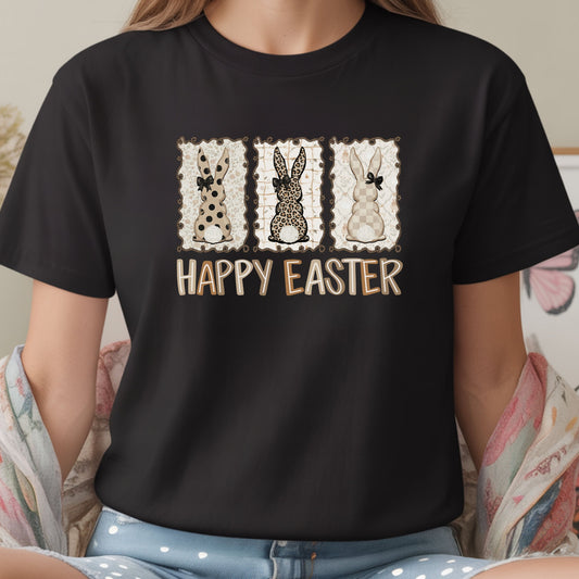 Neutral Happy Easter Bunny Shirt – Vintage Style Easter Graphic Tee, Leopard & Plaid Bunny T-Shirt, Minimalist Spring Holiday Shirt, Women’s Easter Outfit