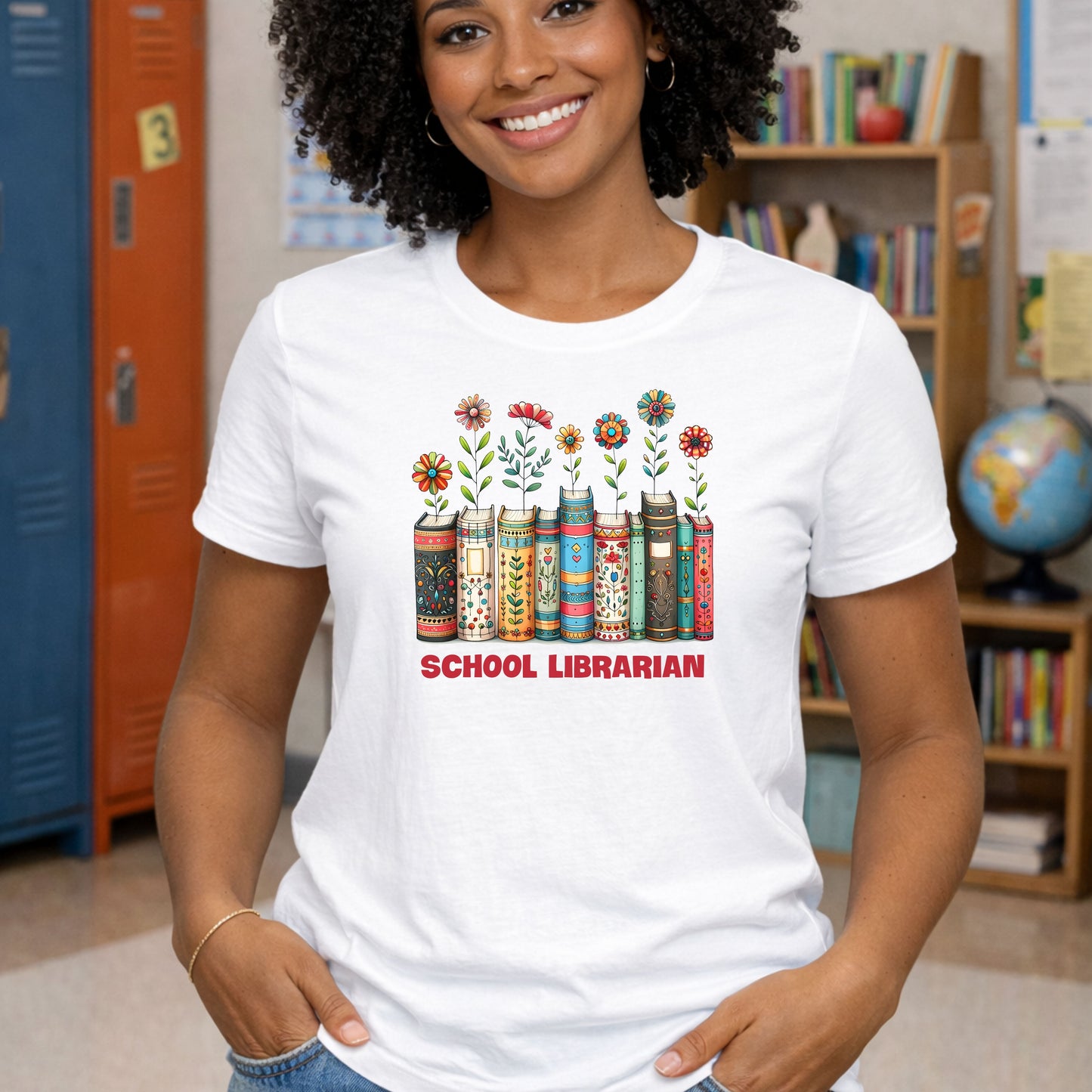 School Librarian Floral Books T-Shirt