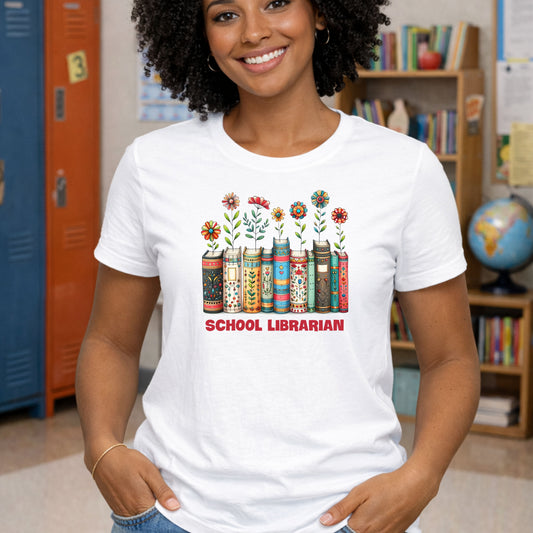School Librarian Floral Books T-Shirt