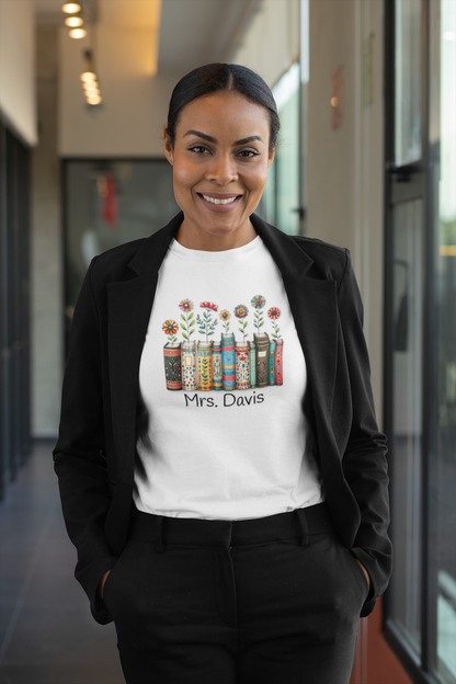 Personalized Floral Book Shirt – Teacher & Librarian Gift – Book Stack with Flowers Tee