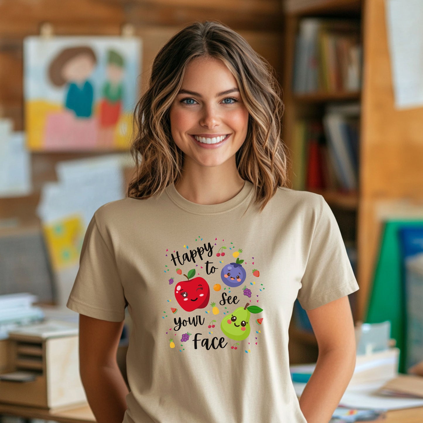 Cute Kawaii Fruit Shirt – Smiling Apple Pear Blueberry Tee – Fun Kids Summer T-Shirt – Colorful Cartoon Fruit Design