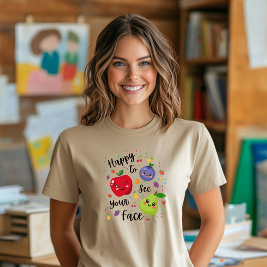 Cute Kawaii Fruit Shirt – Smiling Apple Pear Blueberry Tee – Fun Kids Summer T-Shirt – Colorful Cartoon Fruit Design