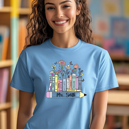 Custom Name Floral Book T-Shirt – Mrs. Custom Pencil Tee