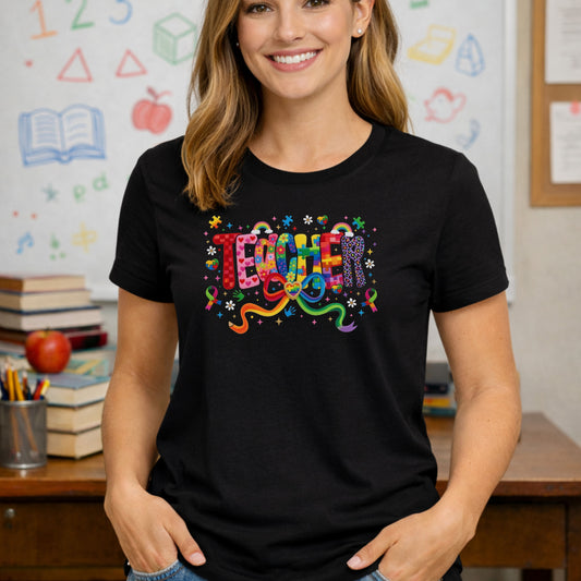 Colorful Teacher Shirt – Autism Awareness Teacher Tee – Inclusive Classroom T-Shirt – Rainbow Puzzle Piece Teacher Gift