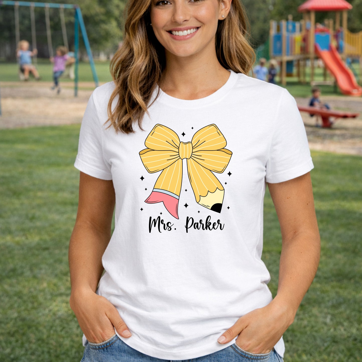 Personalized Teacher Shirt with Name – Cute Pencil Bow Tee – Custom Back to School Teacher Gift – Teacher Appreciation Shirt for Women