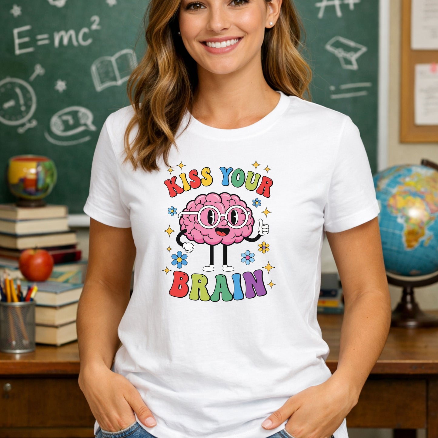 Kiss Your Brain Shirt – Funny Teacher T-Shirt – Cute Brain Graphic Tee – Nerdy School Shirt – STEM Gift for Teacher or Student